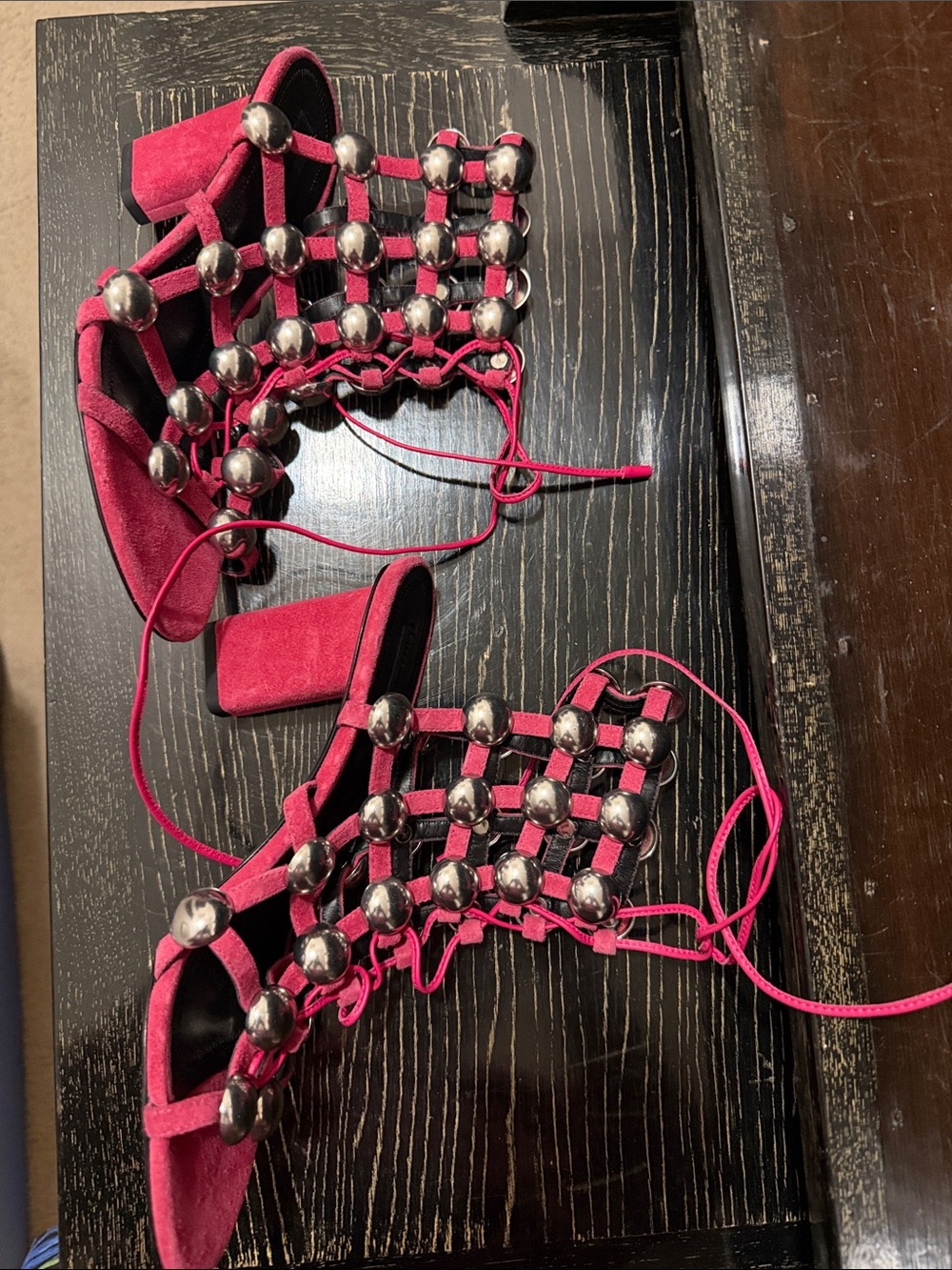 NEW Alexander Wang Fuchsia Suede Studded Lace-Up Sandals 37